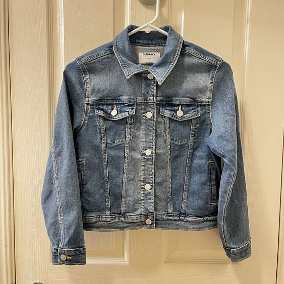 Old Navy Blue Denim Jean Jacket Stretch Girls Size Large 10-12 - Picture 1 of 10